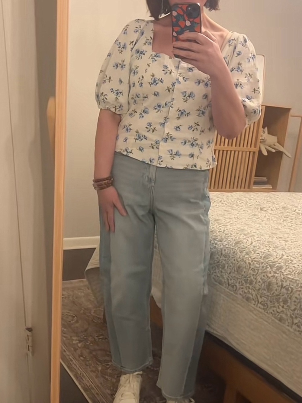 Old Navy White Blouse with Blue Floral Print - Puff Sleeve Button Front